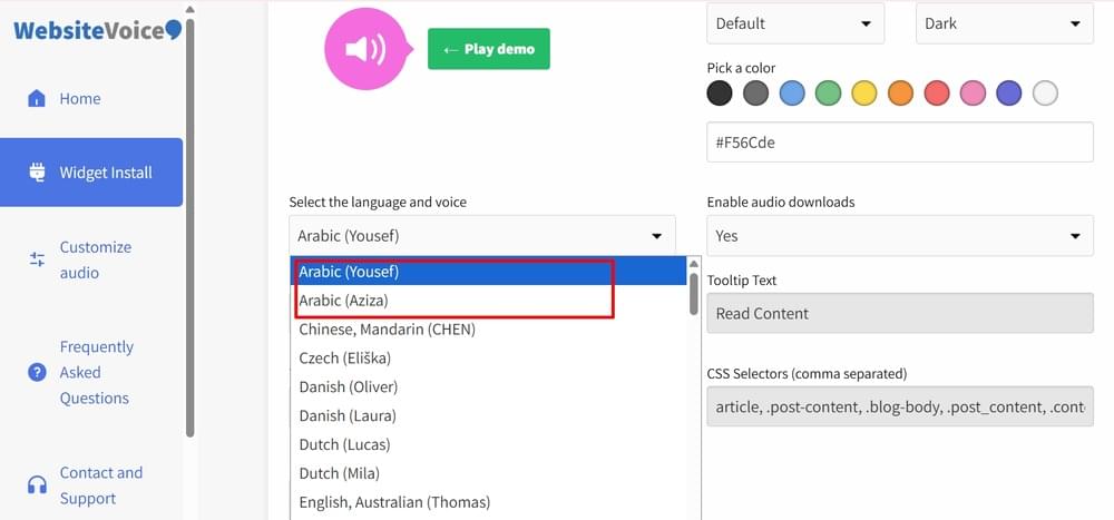 Choose Arabic Voice on WebsiteVoice