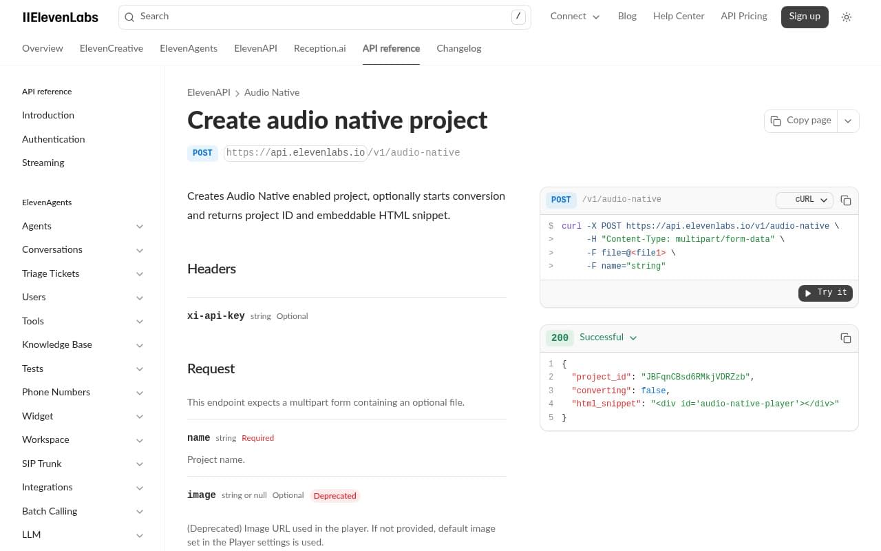 ElevenLabs Audio Native embedded audio player docs