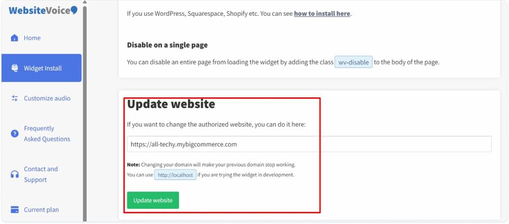 Add BigCommerce Site to WebsiteVoice