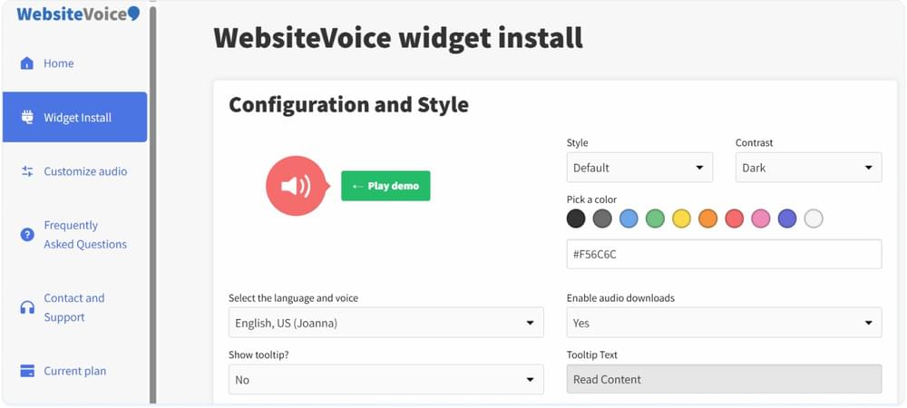 WebsiteVoice TTS Widget Settings WebsiteVoice TTS Widget Settings