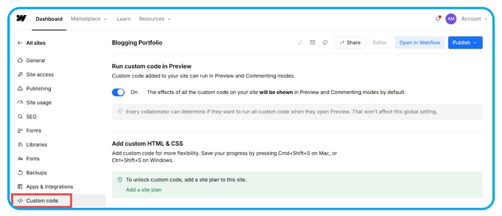Open Custom Code