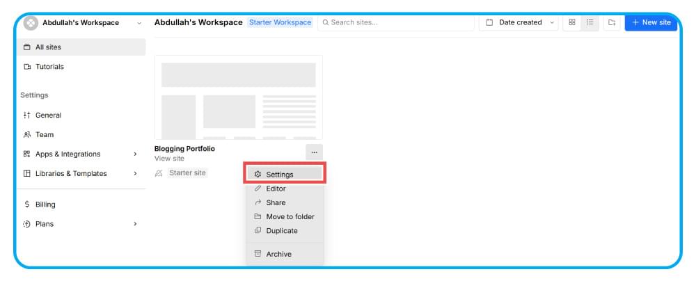 Open Webflow Project Settings