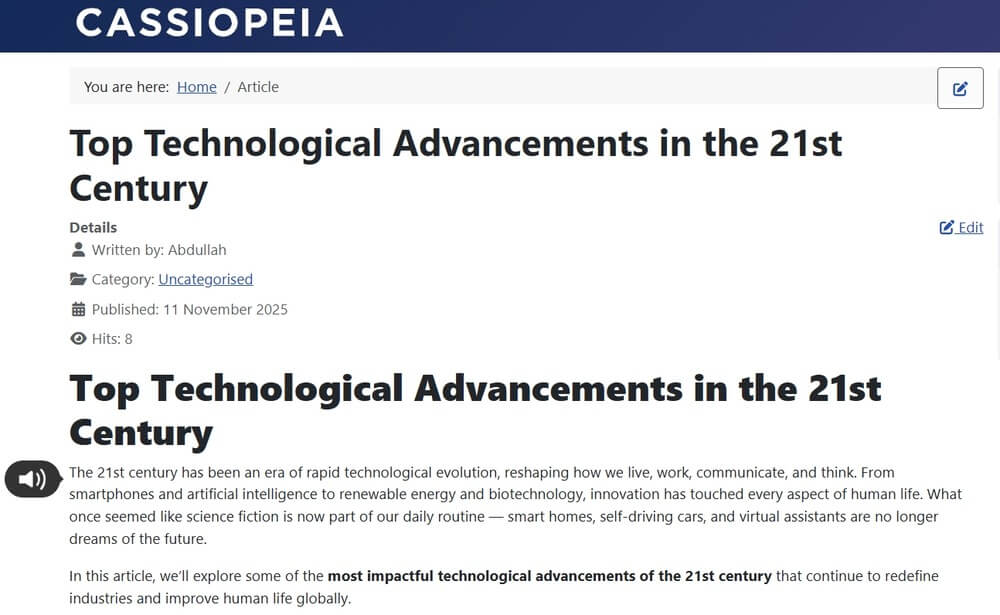 Joomla Website With WebsiteVoice TTS Play Button
