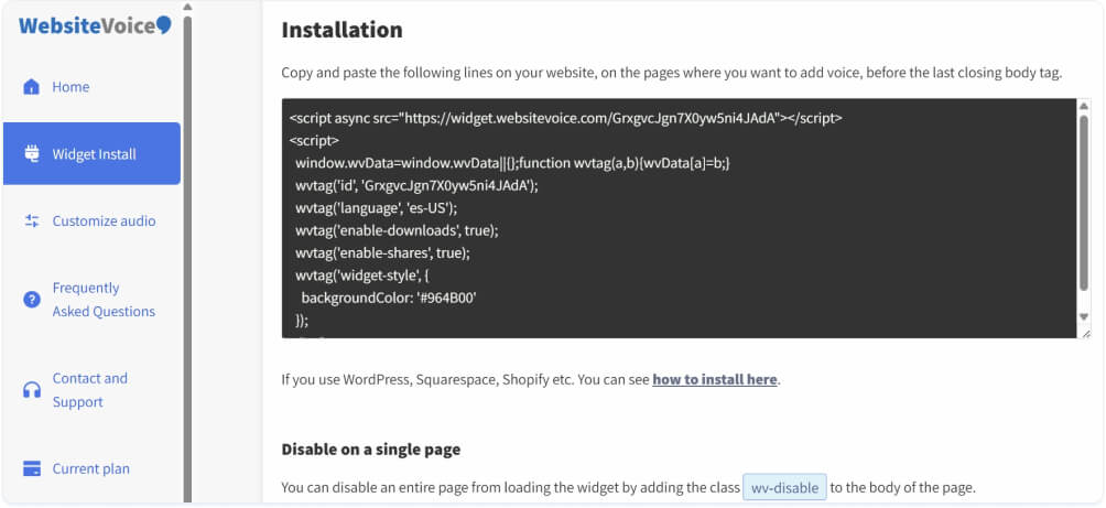 Copy WebsiteVoice JavaScript Text to Speech API Code