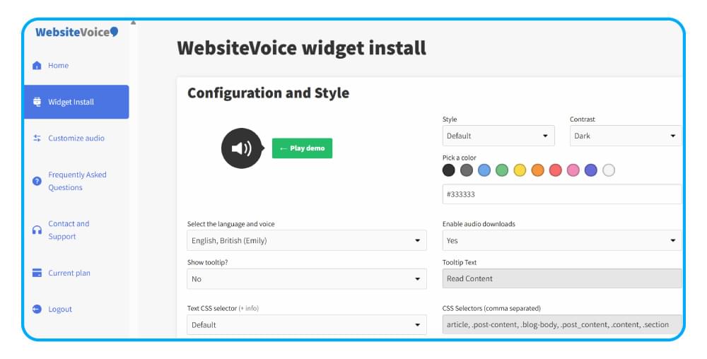WebsiteVoice TTS Widget Settings
