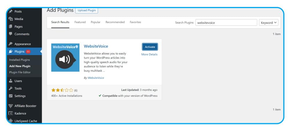 Install and Activate WebsiteVoice TTS Plugin